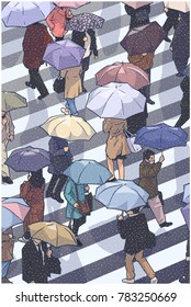 Illustration of city people crossing zebra in snow with umbrellas from high angle view in color