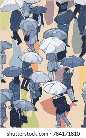 Illustration of city people walking in snow with umbrellas from high angle view in color