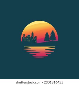Illustration of a city with pine tree silhouette on the horizon logo design vector illustration