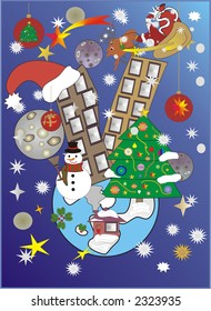 Illustration of city and planet Earth during Christmas time with Santa flying above