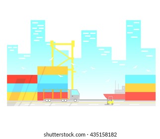 Illustration of the city port on a background of the town