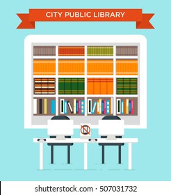 The illustration of city public library with the book shelves full of different books. New and old styled book collections on the shelves. Working place for reading and processing on computer
