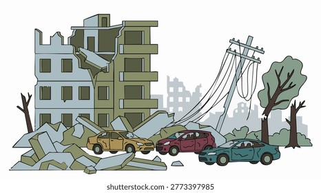 An illustration of a city ravaged by disaster or conflict, showing a collapsed building, damaged cars, a fallen utility pole, and rubble covering the ground.