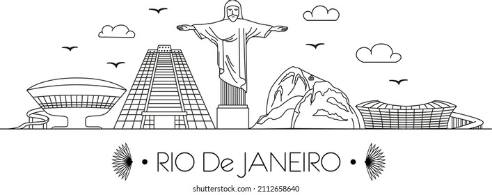 Illustration of the city of Rio De Janeiro in the style of line art, a composition of attractions