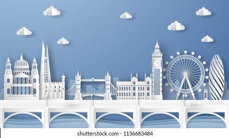 Illustration der Stadtszene mit berühmten Architekturen in London, England. Elemente der Stadt London, England. London City Szene von England. Papierschnitt und handwerklicher Stil. Vektorgrafik, Illustration.