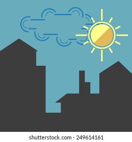 Illustration of City, Silhouette of Houses With Clouds With Sun Weather.Vector illustration