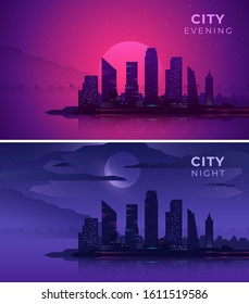 Illustration of the city silhouette on night and evening sky background