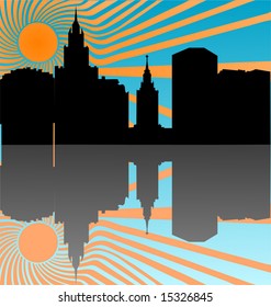 ilustración con silueta de ciudad y su reflejo bajo un sol brillante