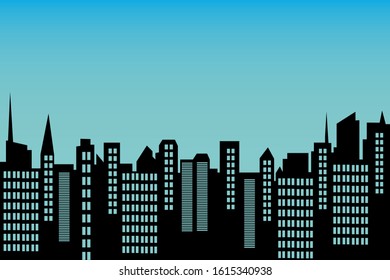 Illustration of a city skyline with a twilight sky background.