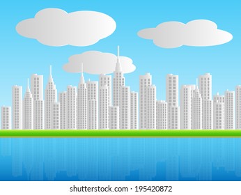 Illustration of a city skyline with water and sky background.