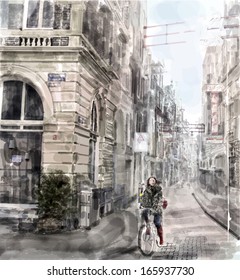 Illustration of city street.  Girl  riding on the bicycle. Watercolor style.