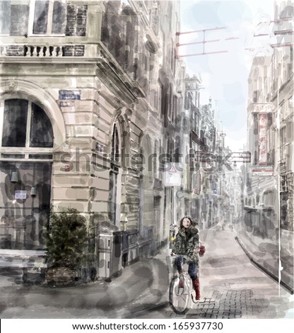 Illustration of city street.  Girl  riding on the bicycle. Watercolor style.