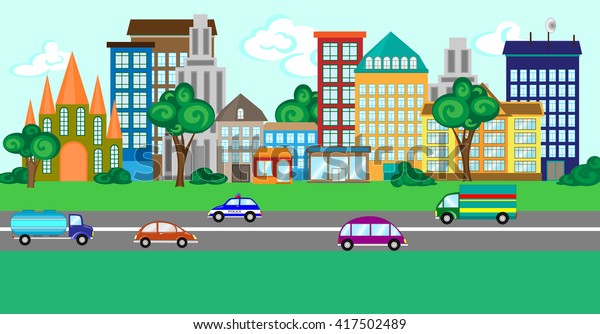 Illustration of a city street with a set of\
buildings and\
vehicles.
