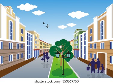 Illustration Of A City Street In Summer With People, Lights And Trees Perspective 