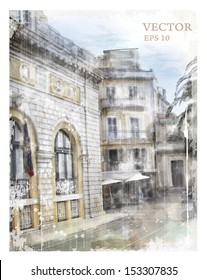 Illustration of city street. Watercolor style.