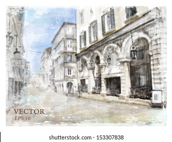 Illustration of city street. Watercolor style.