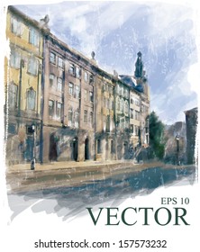 Illustration of city street. Watercolor style. 