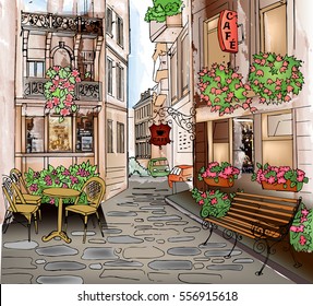 Illustration of city street. Watercolor style. 