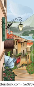 Illustration of city street. Watercolor style. 