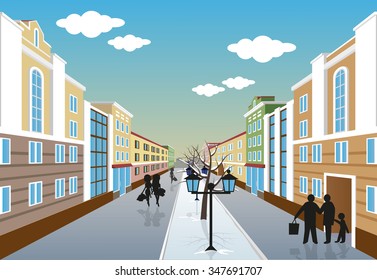 Illustration Of A City Street In Winter With People, Lights And Trees Perspective