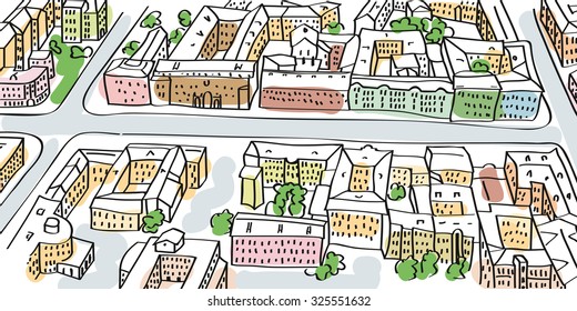 Illustration of city streets perspective. Buildings and crossroads, top view.