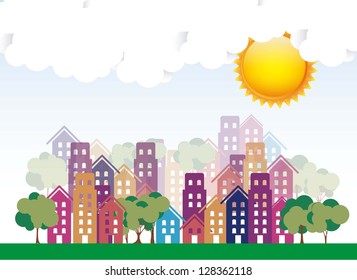 Illustration of city with sunny weather, vector illustration