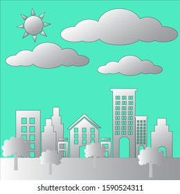 Illustration of the city That's lovely too Small ground floor buildings, skyscrapers, trees, livable clouds Blue background