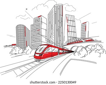 Illustration of a city and transportation. Train moving dynamically on the railroad. Arch bridge. Street light. Modern big city, skyscrapers. Black lines on white background. Vector 