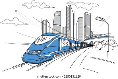 Illustration of a city and transportation. Train moving dynamically on the railroad. Arch bridge. Street light. Modern big city, skyscrapers. Black lines on white background. Vector 