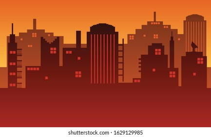 Illustration of a city with a twilight feel with a tall building