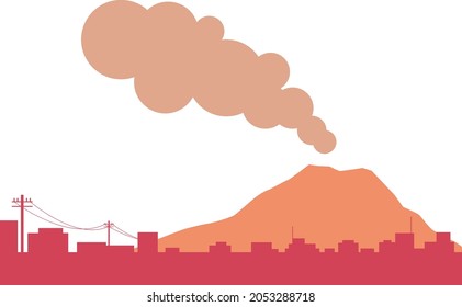 Illustration of a city and a volcano dyed in the sunset
