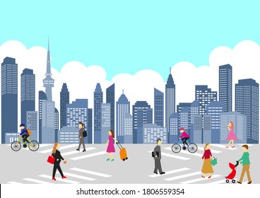 illustration of city,buildings cross road and lifestyle people