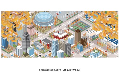 Illustration of a cityscape in autumn with beautiful autumn leaves. Isometric drawing. 