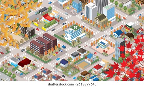 Illustration of a cityscape in autumn with beautiful autumn leaves. Isometric drawing.