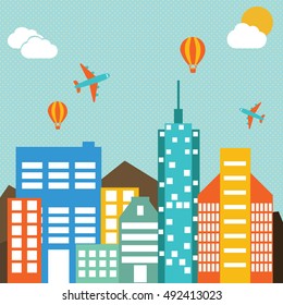 illustration of cityscape buildings in retro background.