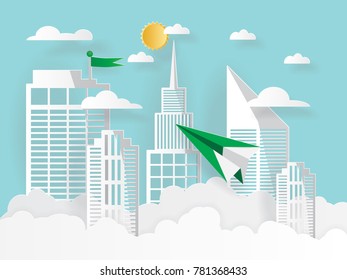 illustration of cityscape and concept of business paper plane onto the goal.Paper plane flying around the city with cloud and sun