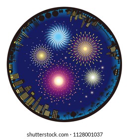 Illustration of the cityscape, Fireworks,