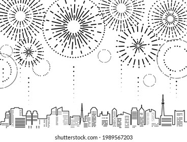 Illustration of cityscape with fireworks (monochrome line art)