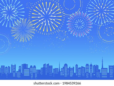 Illustration of cityscape with fireworks (silhouette)