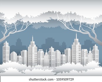 Illustration of cityscape in the jungle in conservation environment concept paper art style