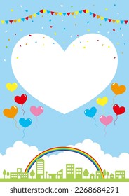Illustration of a cityscape with large heart shapes and balloons floating in the air, vector illustration
