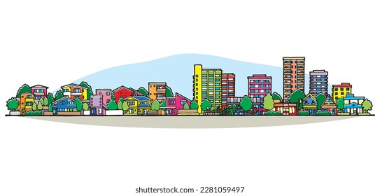 Illustration of a cityscape lined with buildings. Hand-drawn style.
