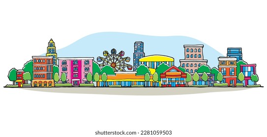 Illustration of a cityscape lined with buildings. Hand-drawn style.