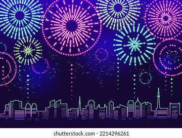 Illustration of cityscape with neon-colored fireworks