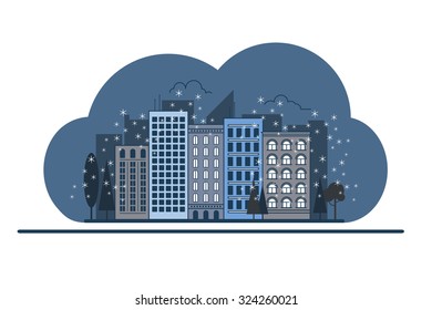 Illustration of cityscape at night. Vector drawing of city. Architectural landscape.