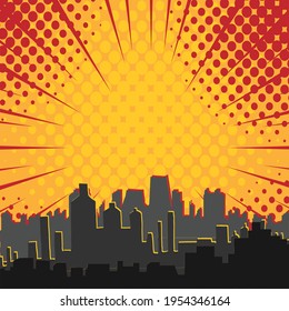 Illustration of cityscape on retro red and yellow dots and rays on yellow background. vintage pop art and cartoon colour concept digitally generated image.