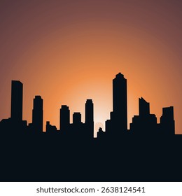 illustration of a cityscape silhouette at sunset, featuring tall buildings and an orange gradient sky. This urban scene is ideal for use in backgrounds, posters, websites, and editorial content about 