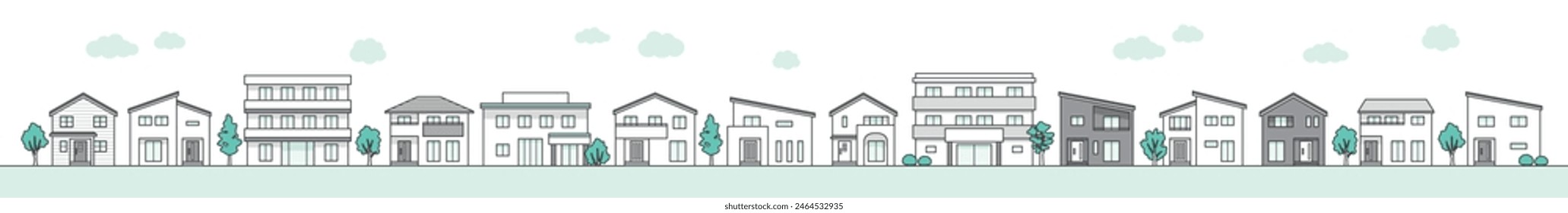 Illustration of a cityscape with stylish houses, condominiums, and apartments