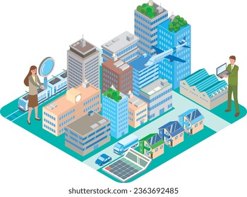 Illustration of cityscape such as buildings and houses and people investigating