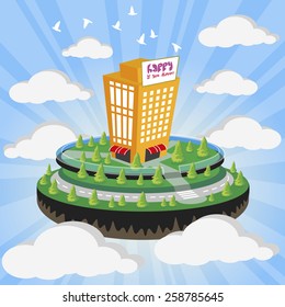Illustration of cityscape with tall tower on cloud